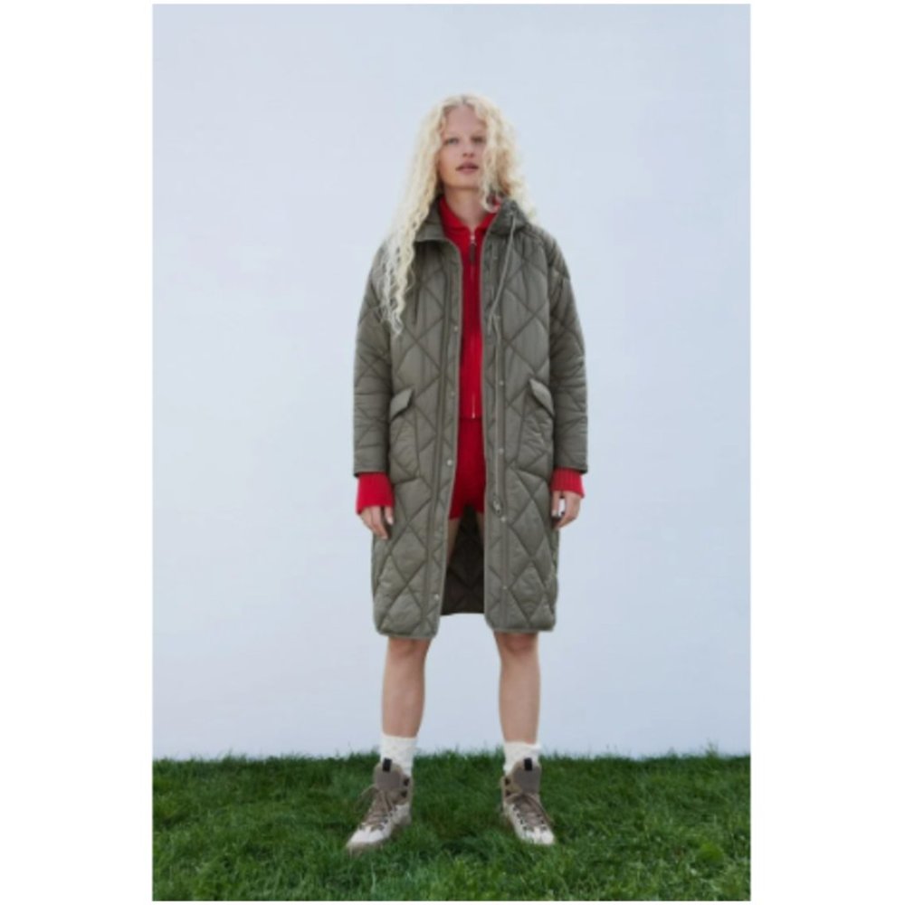 ZARA Longline Green Quilted Puffer Jacket Size Small
